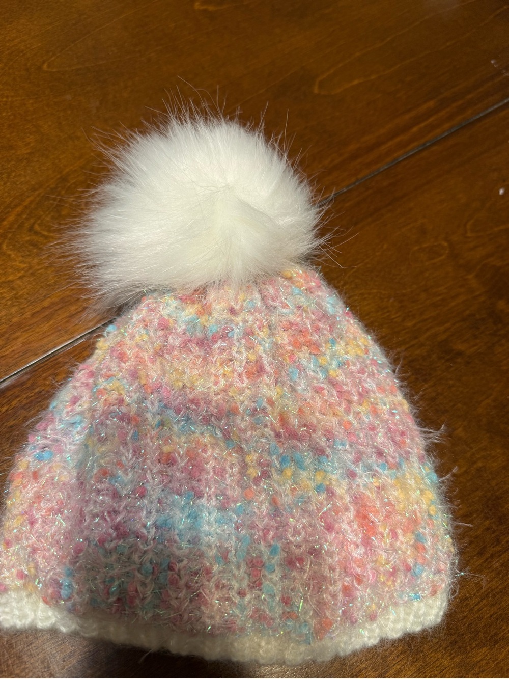 The Children's Place Girls Sparkle Knit Beanie Hat Rainbow Pastel White Pom Pom